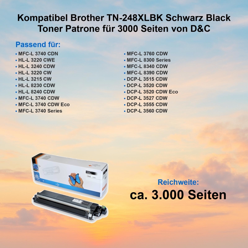 Kompatibel Brother TN-248XLBK Schwarz Black Toner Patrone für 3000 Seiten von D&C