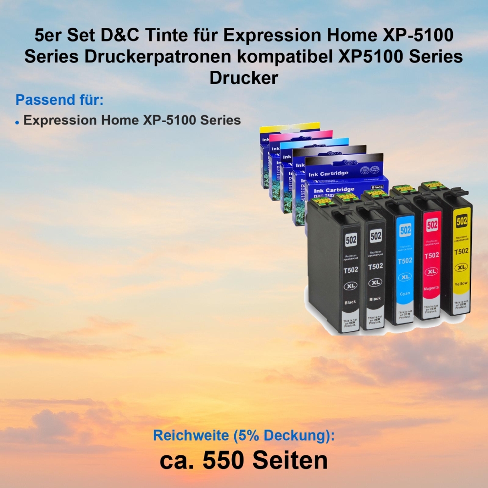 Kompatibel 5er Tintenset für Expression Home XP-5100 Series (Fernglas, 502XL) Druckerpatronen XP5100 Series Drucker