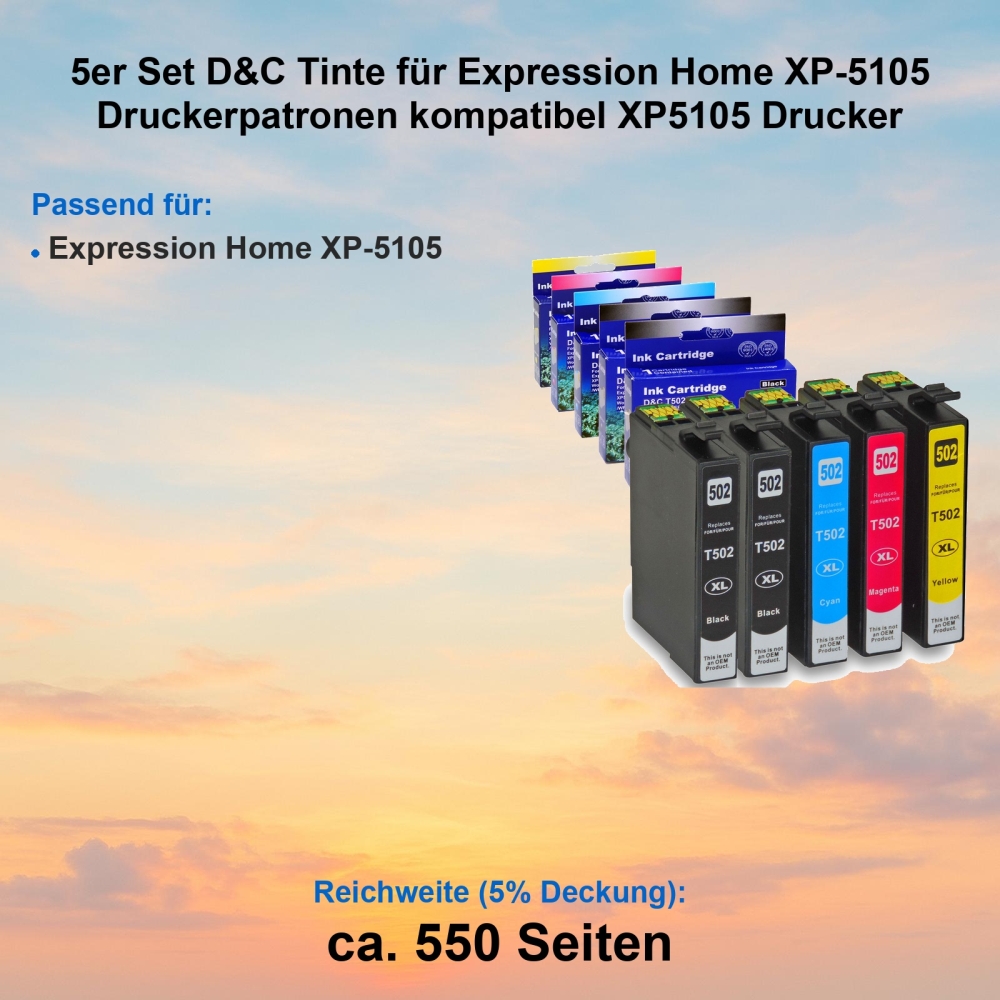 Kompatibel 5er Tintenset für Expression Home XP-5105 (Fernglas, 502XL) Druckerpatronen XP5105 Drucker