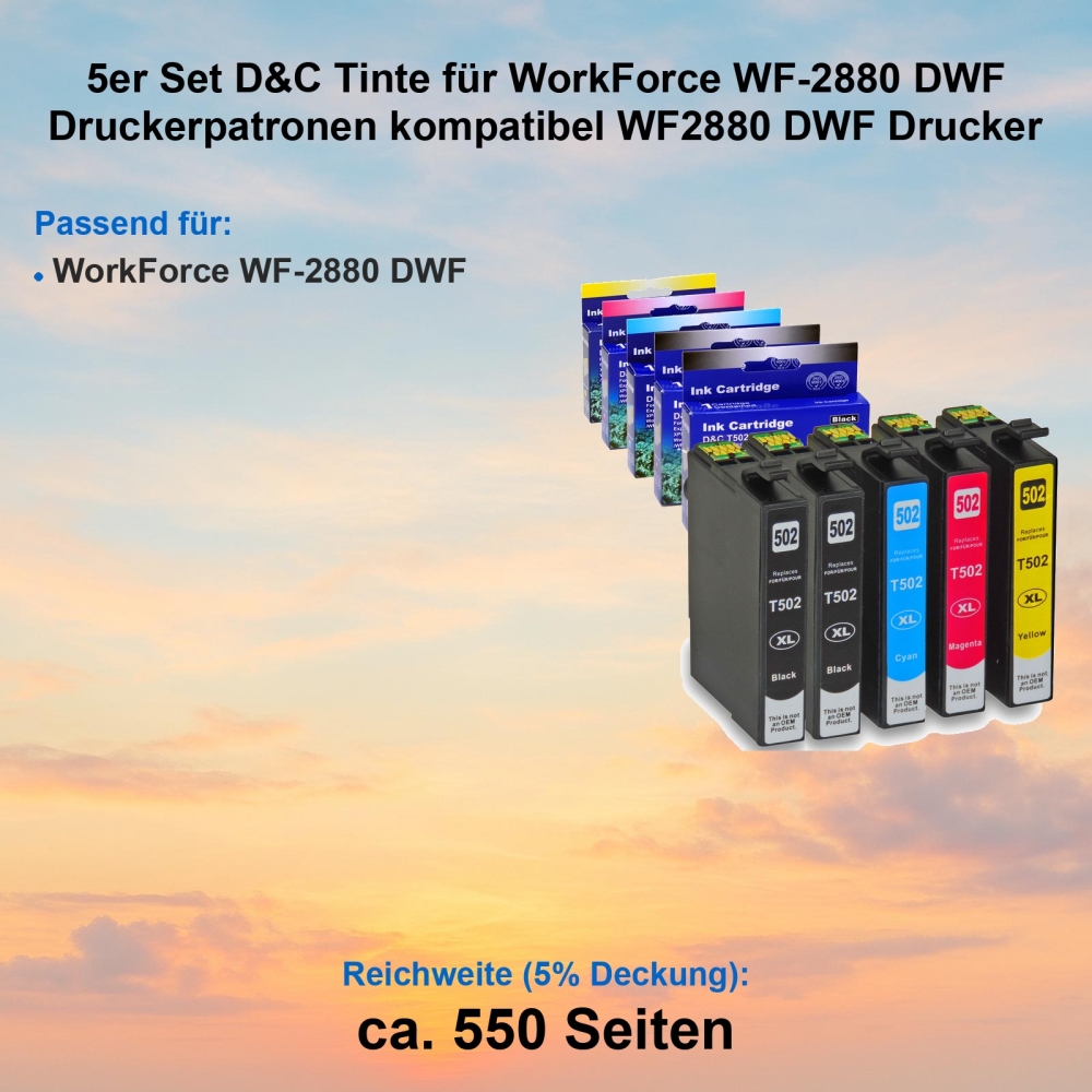 Kompatibel 5er Tintenset für WorkForce WF-2880 DWF (Fernglas, 502XL) Druckerpatronen WF2880 DWF Drucker