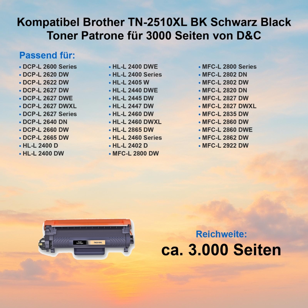 Kompatibel Brother TN-2510XL BK Schwarz Black Toner Patrone für 3000 Seiten von D&C