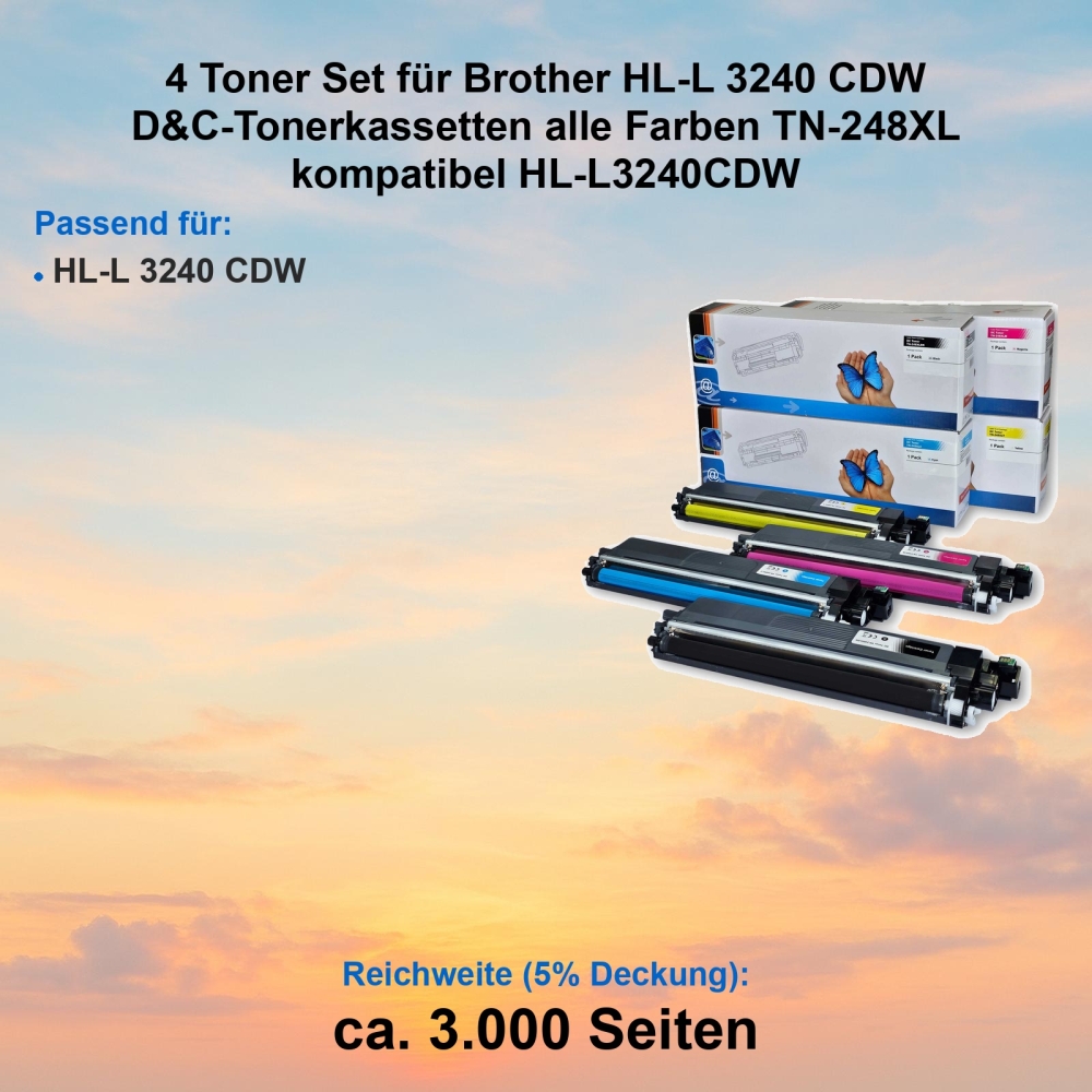 Kompatibel 4er Tonerset für Brother HL-L 3240 CDW (TN-248XL) Tonerkassetten für HL-L3240CDW Drucker