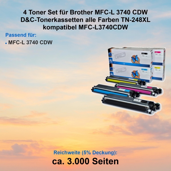 Kompatibel 4er Tonerset für Brother MFC-L 3740 CDW (TN-248XL) Tonerkassetten für MFC-L3740CDW Drucker