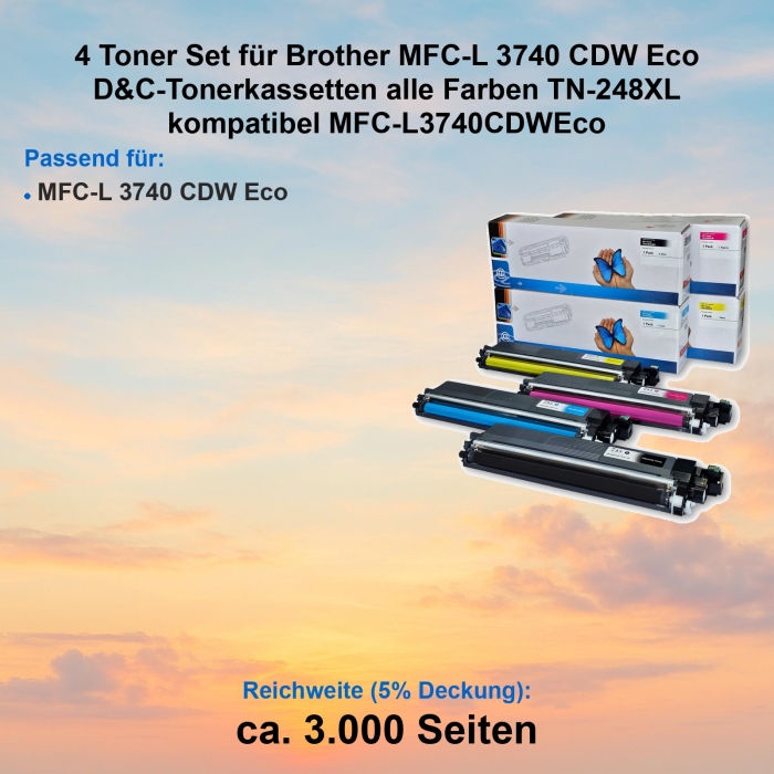 Kompatibel 4er Tonerset für Brother MFC-L 3740 CDW Eco (TN-248XL) Tonerkassetten für MFC-L3740CDWEco Drucker