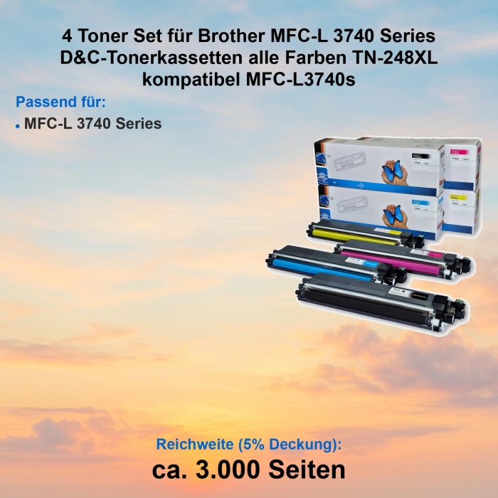 Kompatibel 4er Tonerset für Brother MFC-L 3740 Series (TN-248XL) Tonerkassetten für MFC-L3740s Drucker