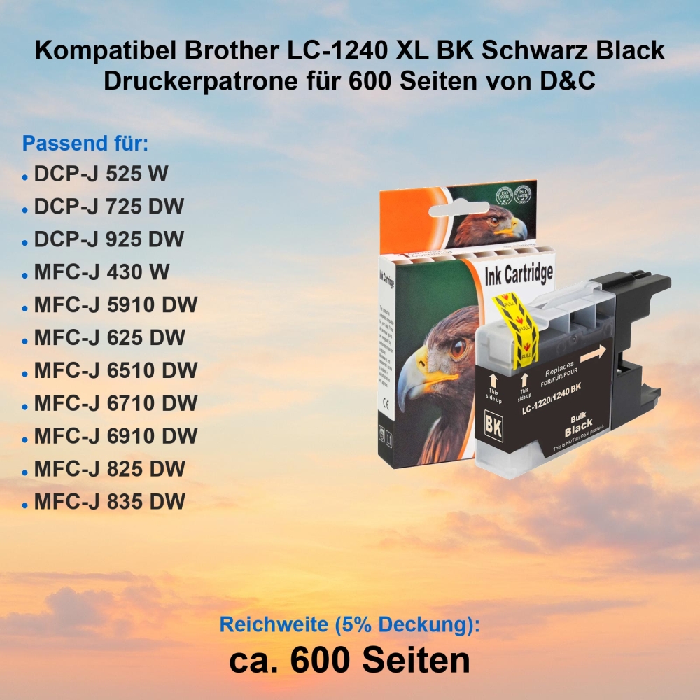 Kompatibel Brother LC-1240 XL BK Schwarz Black Druckerpatrone für 600 Seiten von D&C
