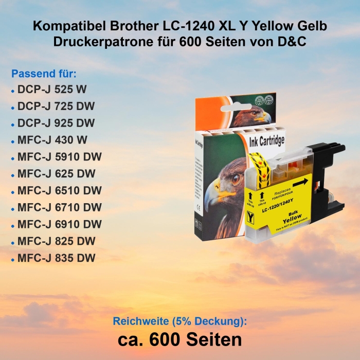 Kompatibel Brother LC-1240 XL Y Yellow Gelb Druckerpatrone für 600 Seiten von D&C