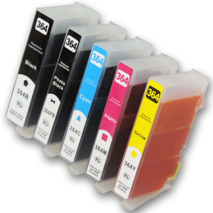 Kompatibel 5 Patronen HP-364 mit XL-Füllmenge 5 Tinten für HP Photosmart Drucker inkl. Photoblack