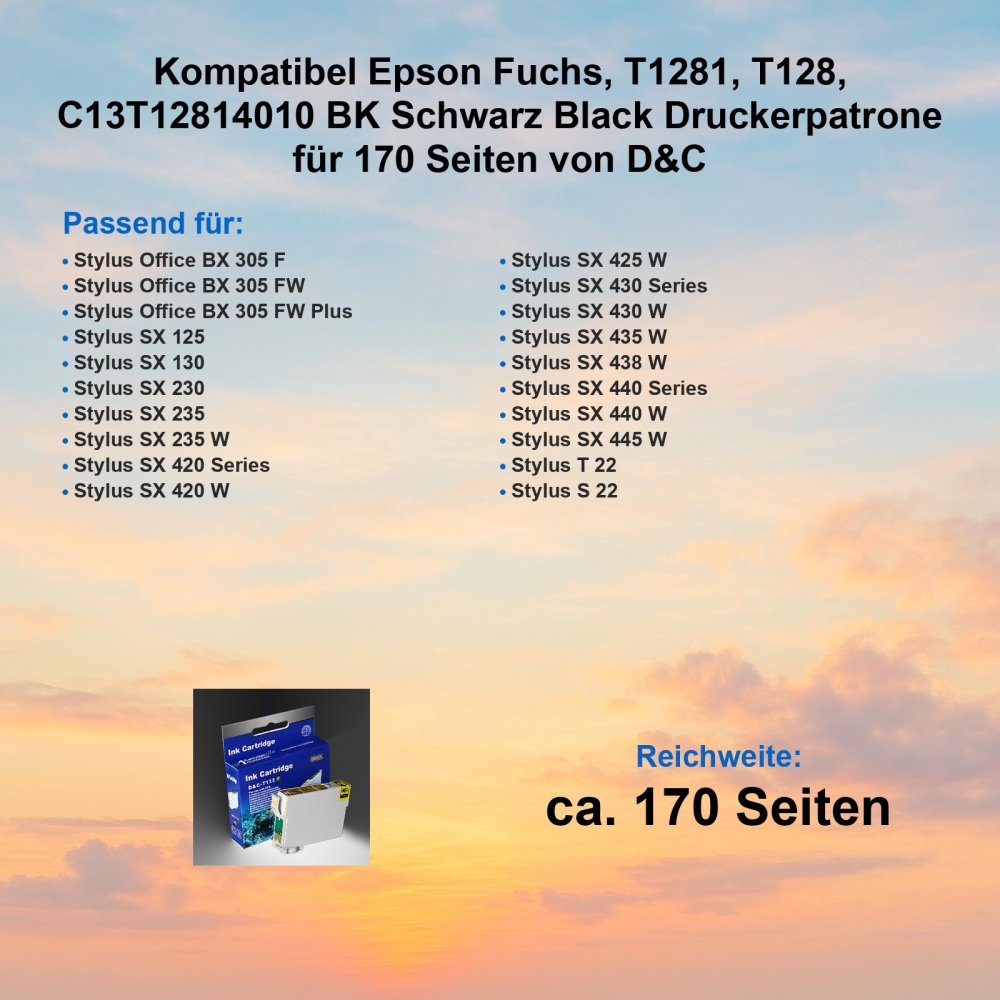 Kompatibel Epson Fuchs, T1281, T128, C13T12814010 BK Schwarz Black Druckerpatrone für 170 Seiten von D&C