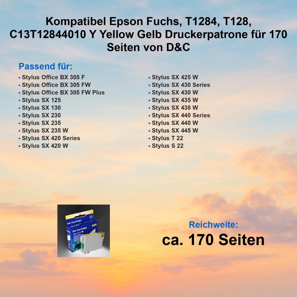 Kompatibel Epson Fuchs, T1284, T128, C13T12844010 Y Yellow Gelb Druckerpatrone für 170 Seiten von D&C