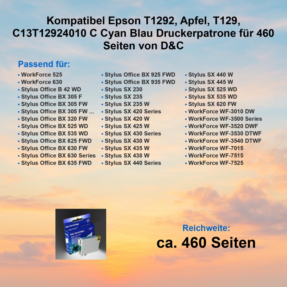 Kompatibel Epson T1292, Apfel, T129, C13T12924010 C Cyan Blau Druckerpatrone für 460 Seiten von D&C