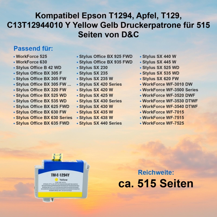Kompatibel Epson T1294, Apfel, T129, C13T12944010 Y Yellow Gelb Druckerpatrone für 515 Seiten von D&C