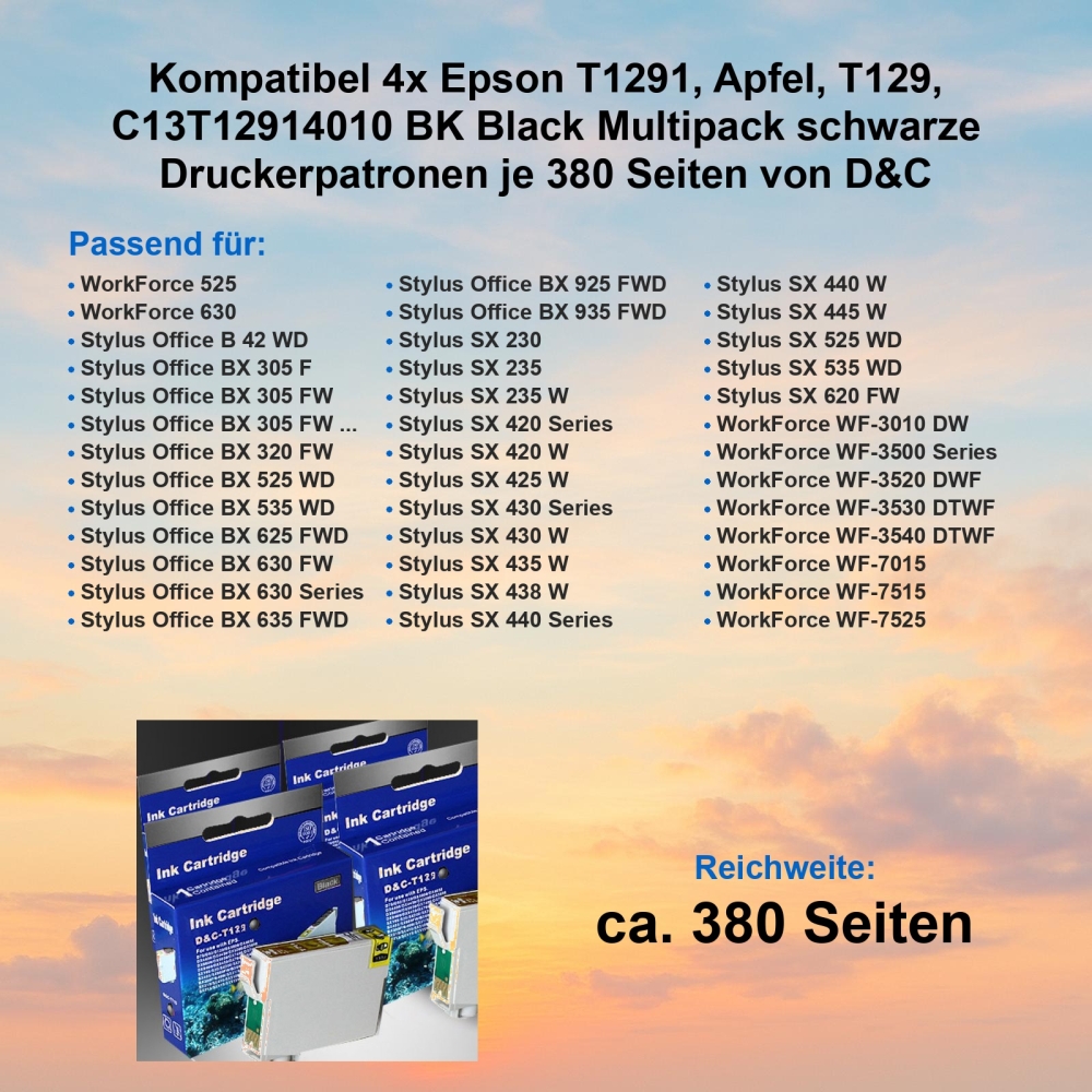 Kompatibel 4x Epson T1291, Apfel, T129, C13T12914010 BK Black Multipack schwarze Druckerpatronen je 380 Seiten von D&C