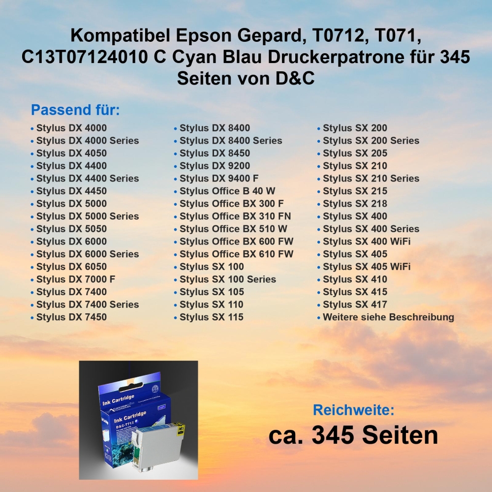 Kompatibel Epson Gepard, T0712, T071, C13T07124010 C Cyan Blau Druckerpatrone für 345 Seiten von D&C