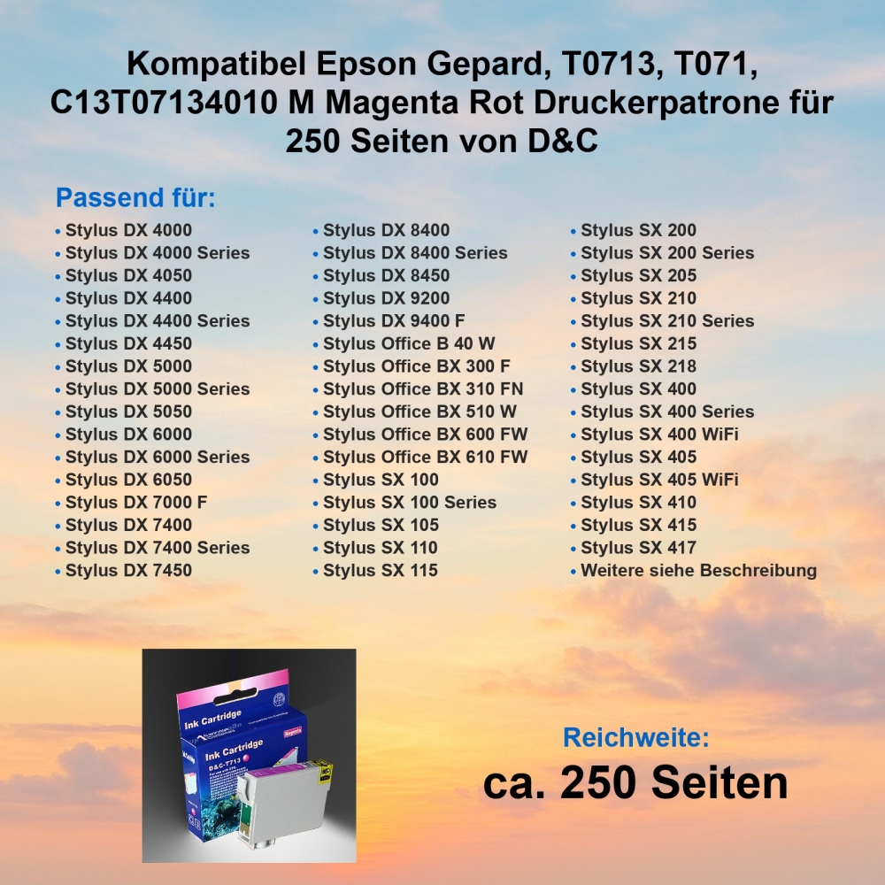 Kompatibel Epson Gepard, T0713, T071, C13T07134010 M Magenta Rot Druckerpatrone für 250 Seiten von D&C