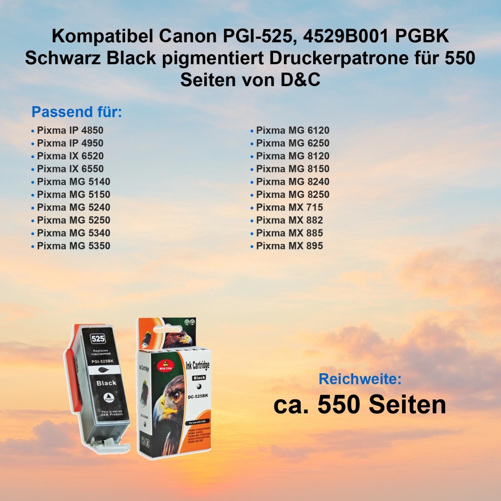 Kompatibel Canon PGI-525, 4529B001 PGBK Schwarz Black pigmentiert Druckerpatrone für 550 Seiten von D&C