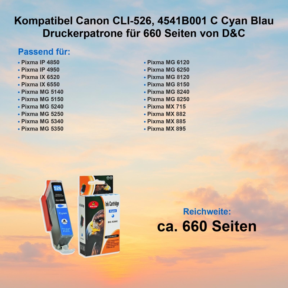 Kompatibel Canon CLI-526, 4541B001 C Cyan Blau Druckerpatrone für 660 Seiten von D&C