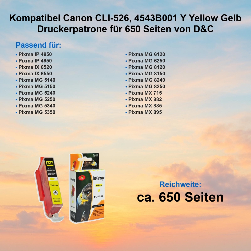Kompatibel Canon CLI-526, 4543B001 Y Yellow Gelb Druckerpatrone für 650 Seiten von D&C