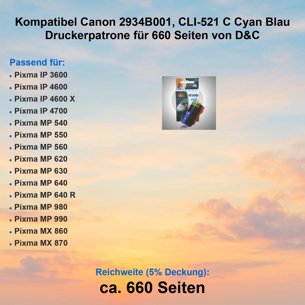 Kompatibel Canon 2934B001, CLI-521 C Cyan Blau Druckerpatrone für 660 Seiten von D&C