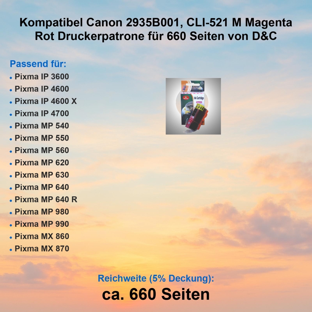 Kompatibel Canon 2935B001, CLI-521 M Magenta Rot Druckerpatrone für 660 Seiten von D&C