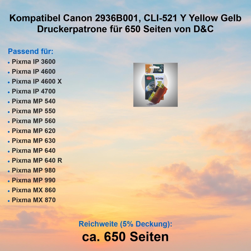 Kompatibel Canon 2936B001, CLI-521 Y Yellow Gelb Druckerpatrone für 650 Seiten von D&C