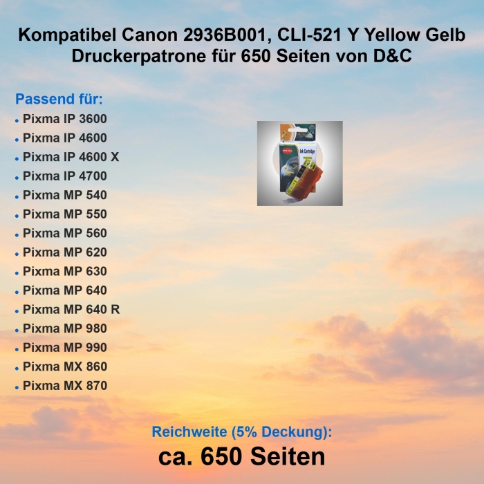 Kompatibel Canon 2936B001, CLI-521 Y Yellow Gelb...