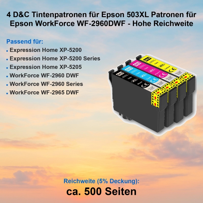 4 D&C Tintenpatronen für Epson 503XL Patronen für Epson WorkForce WF-2960DWF - Hohe Reichweite