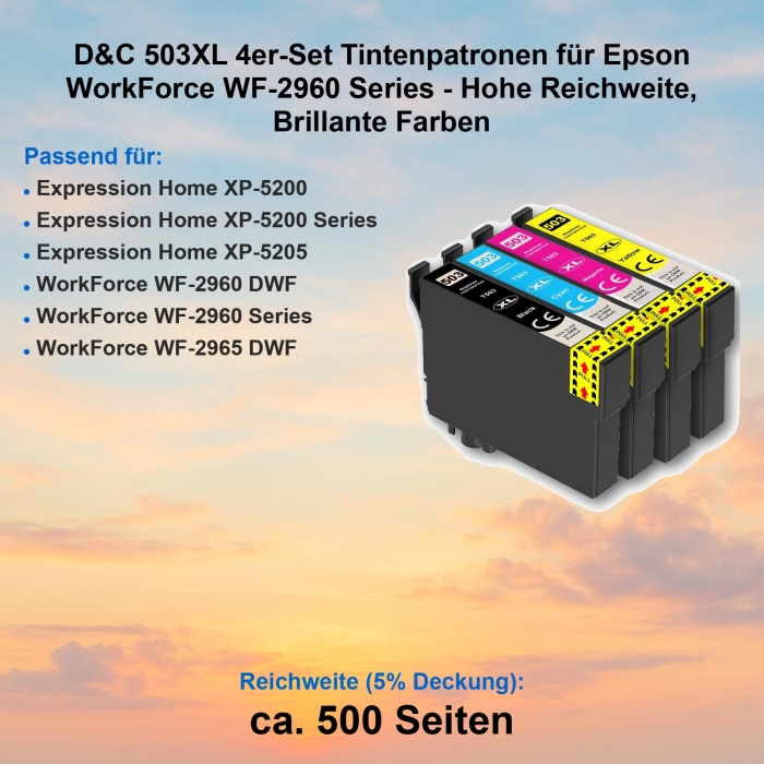 D&C 503XL 4er-Set Tintenpatronen für Epson WorkForce WF-2960 Series - Hohe Reichweite, Brillante Farben
