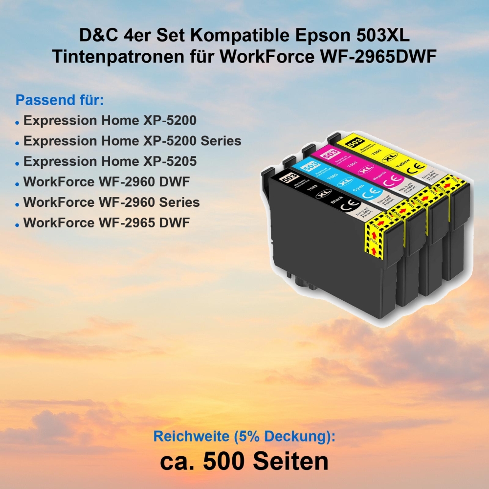 D&C 4er Set Kompatible Epson 503XL Tintenpatronen für WorkForce WF-2965DWF