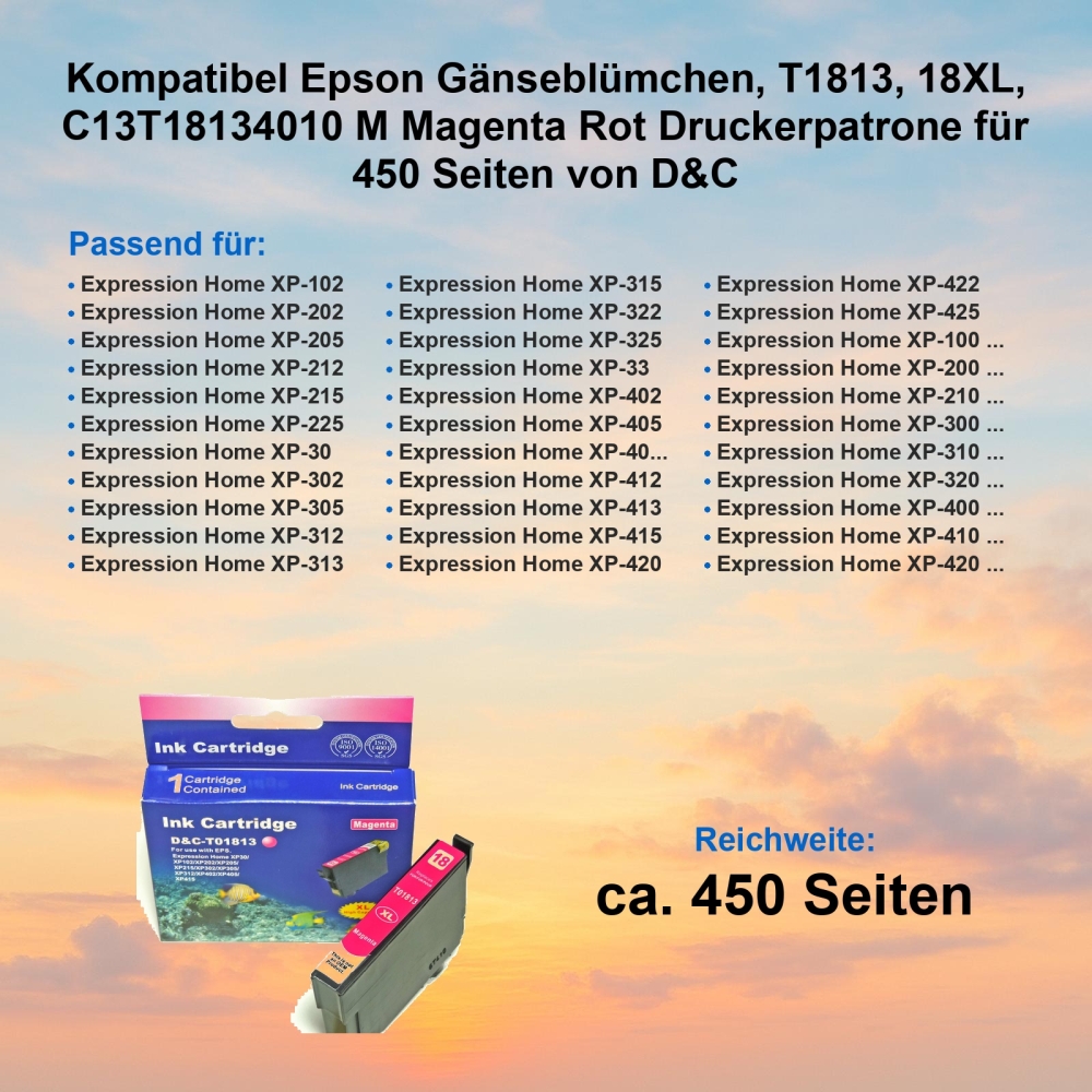 Kompatibel Epson Gänseblümchen, T1813, 18XL, C13T18134010 M Magenta Rot Druckerpatrone für 450 Seiten von D&C