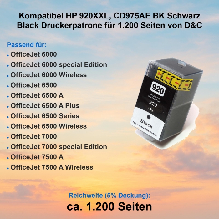 Kompatibel HP 920XXL, CD975AE BK Schwarz Black...