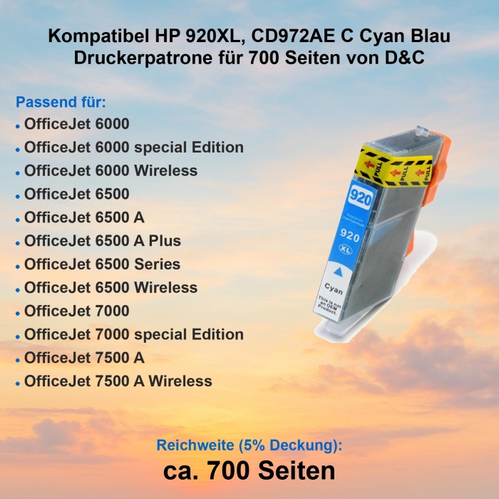 Kompatibel HP 920XL, CD972AE C Cyan Blau Druckerpatrone für 700 Seiten von D&C