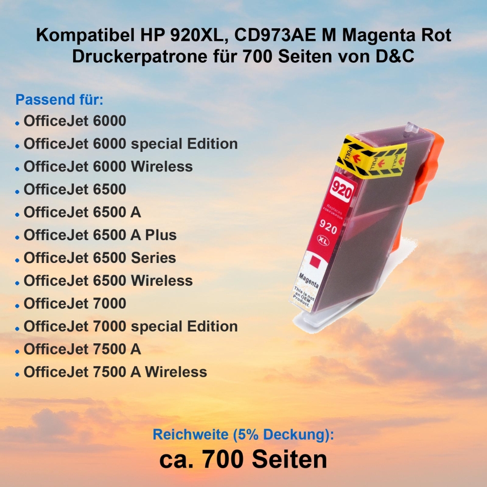 Kompatibel HP 920XL, CD973AE M Magenta Rot Druckerpatrone für 700 Seiten von D&C