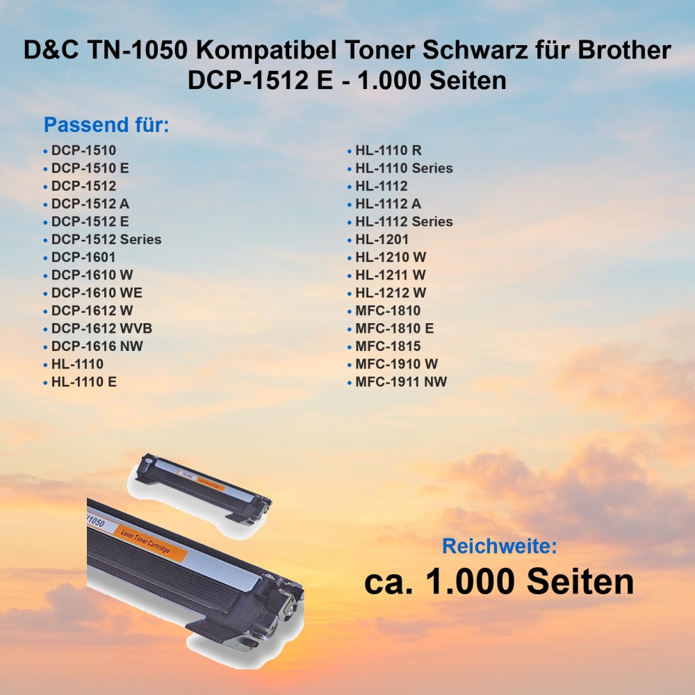 D&C TN-1050 Kompatibel Toner Schwarz für Brother DCP-1512 E - 1.000 Seiten