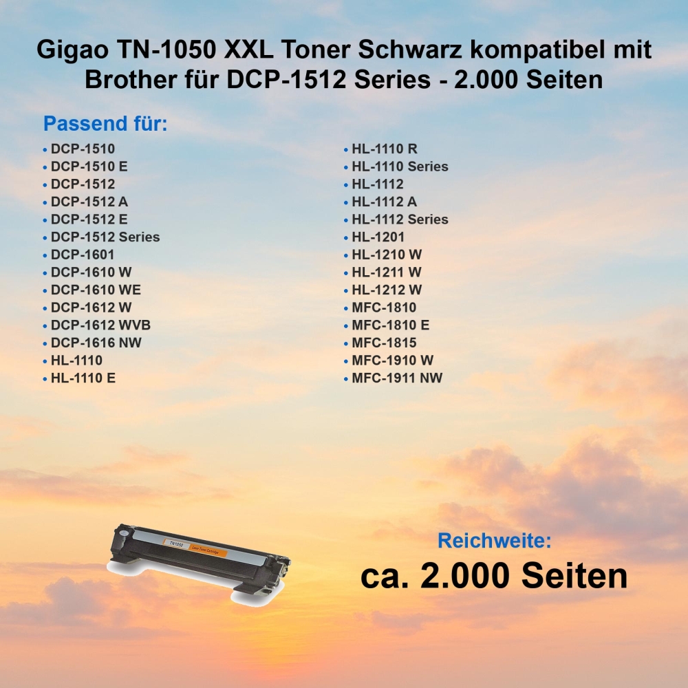 Gigao TN-1050 XXL Toner Schwarz kompatibel mit Brother für DCP-1512 Series - 2.000 Seiten