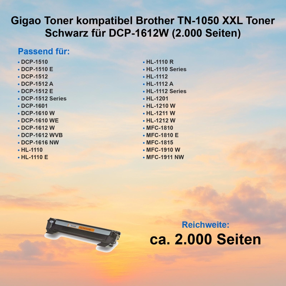 Gigao Toner kompatibel Brother TN-1050 XXL Toner Schwarz für DCP-1612W (2.000 Seiten)