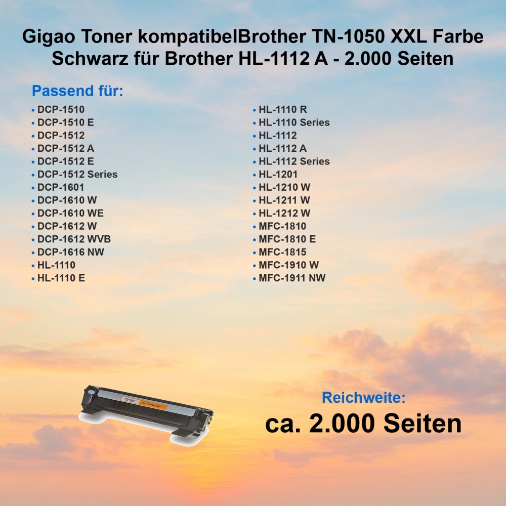Gigao Toner kompatibelBrother TN-1050 XXL Farbe Schwarz für Brother HL-1112 A - 2.000 Seiten