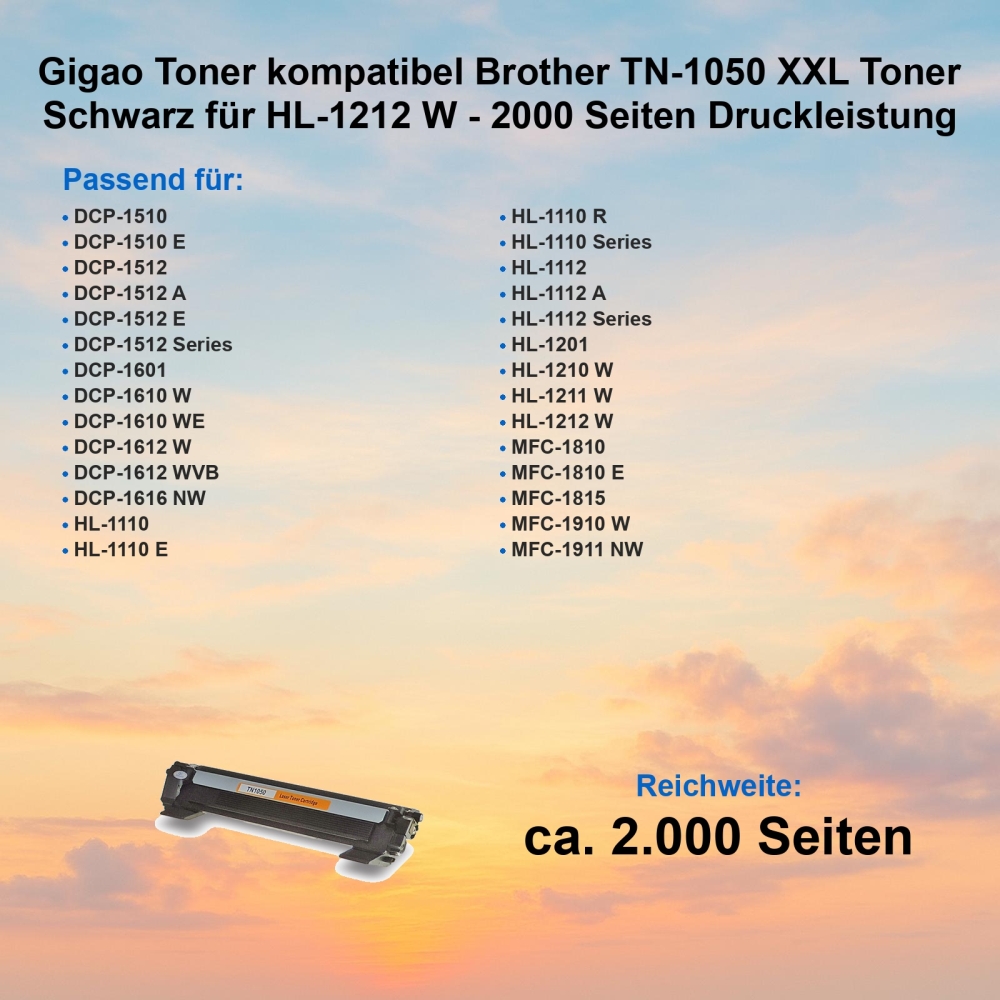 Gigao Toner kompatibel Brother TN-1050 XXL Toner Schwarz für HL-1212 W - 2000 Seiten Druckleistung