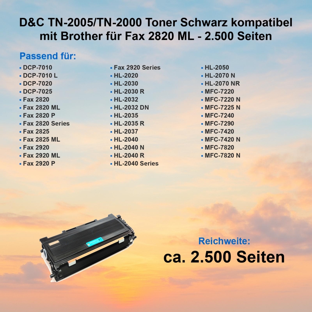 D&C TN-2005/TN-2000 XL Toner Schwarz kompatibel mit Brother für Fax 2820 ML - 2.500 Seiten