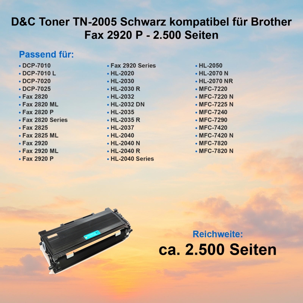 D&C XL Toner TN-2005 Schwarz kompatibel für Brother Fax 2920 P - 2.500 Seiten