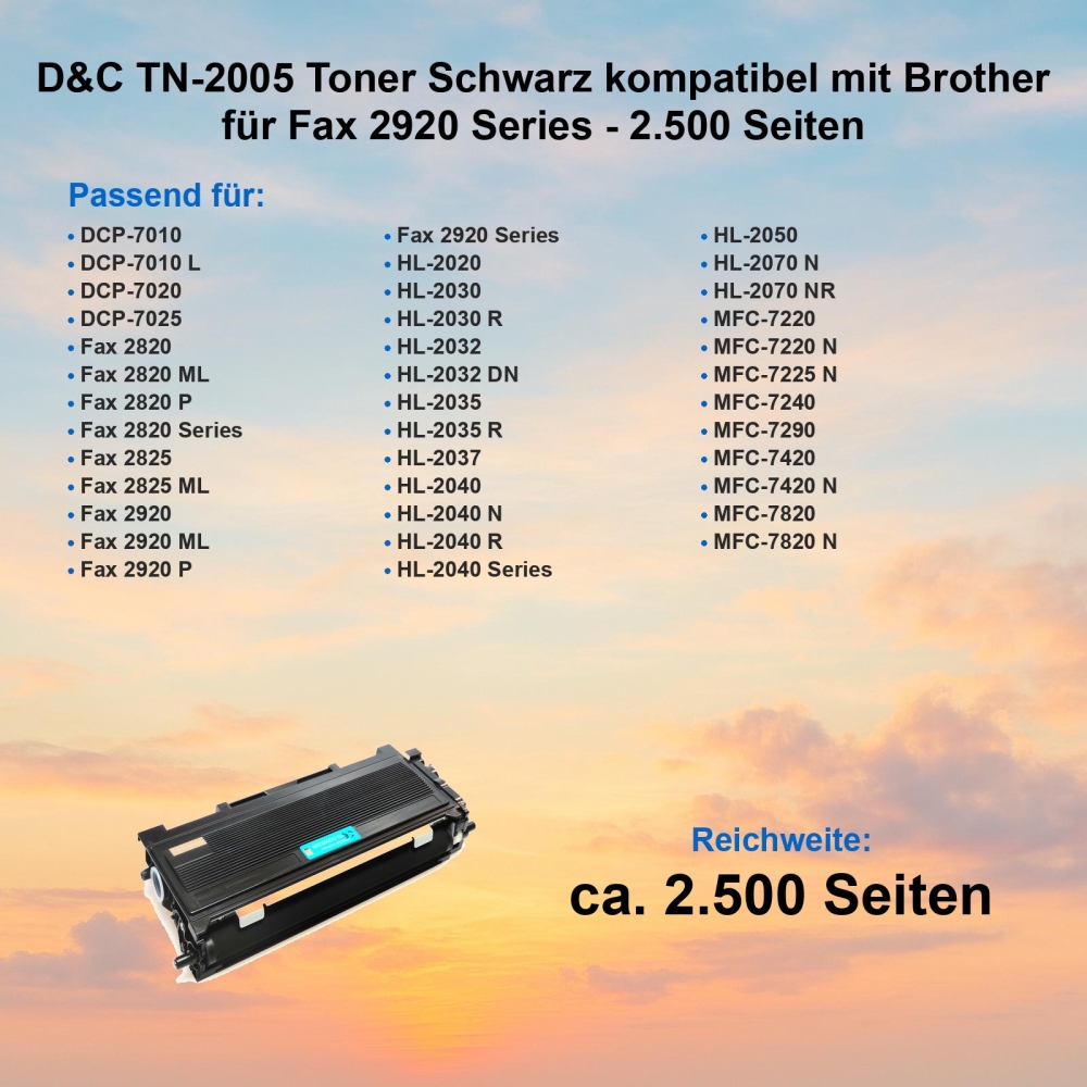 D&C TN-2005 XL Toner Schwarz kompatibel mit Brother für Fax 2920 Series - 2.500 Seiten