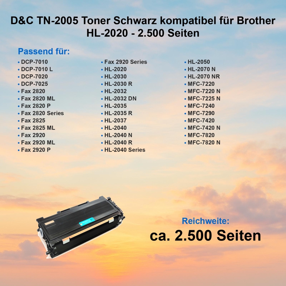 D&C TN-2005 XL Toner Schwarz kompatibel für Brother HL-2020 - 2.500 Seiten