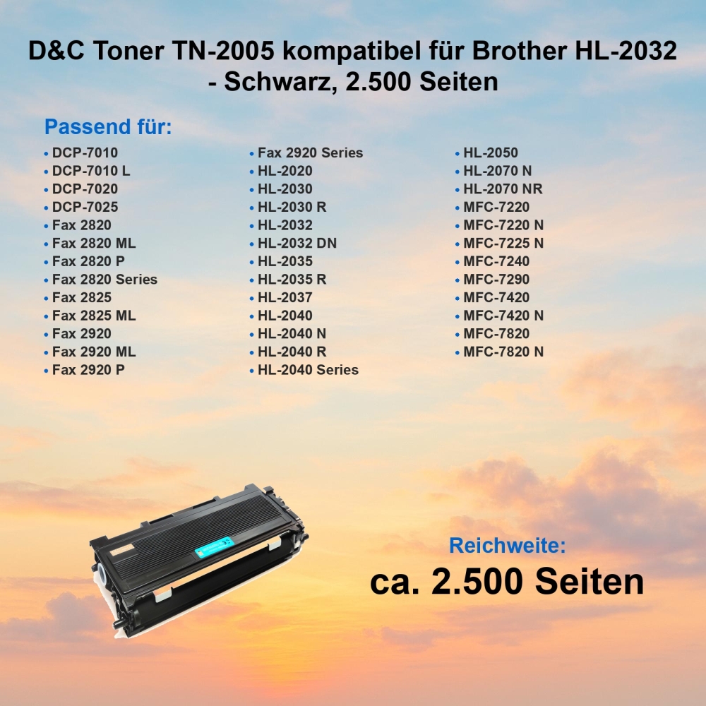D&C XL Toner TN-2005 kompatibel für Brother HL-2032 - Schwarz, 2.500 Seiten