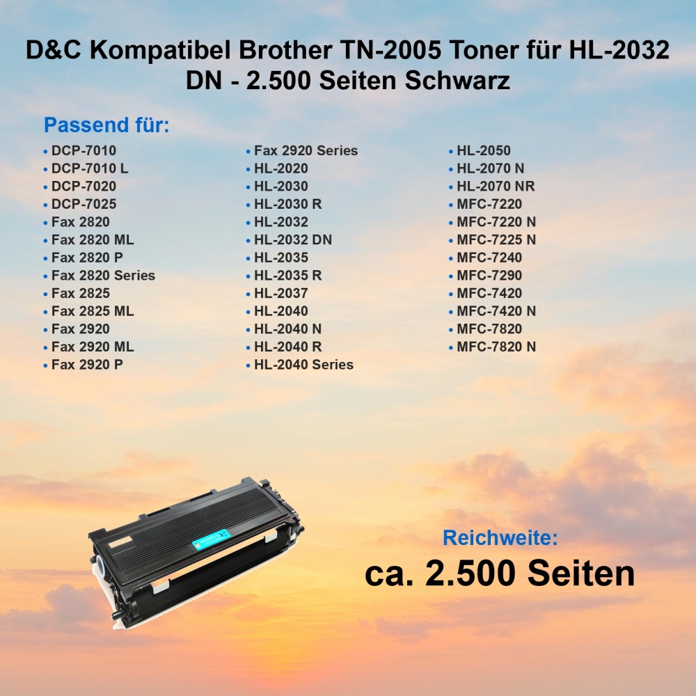 D&C Kompatibel Brother TN-2005 XL Toner für HL-2032 DN - 2.500 Seiten Schwarz