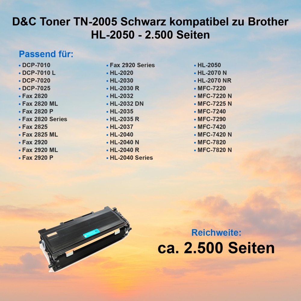D&C XL Toner TN-2005 Schwarz kompatibel zu Brother HL-2050 - 2.500 Seiten