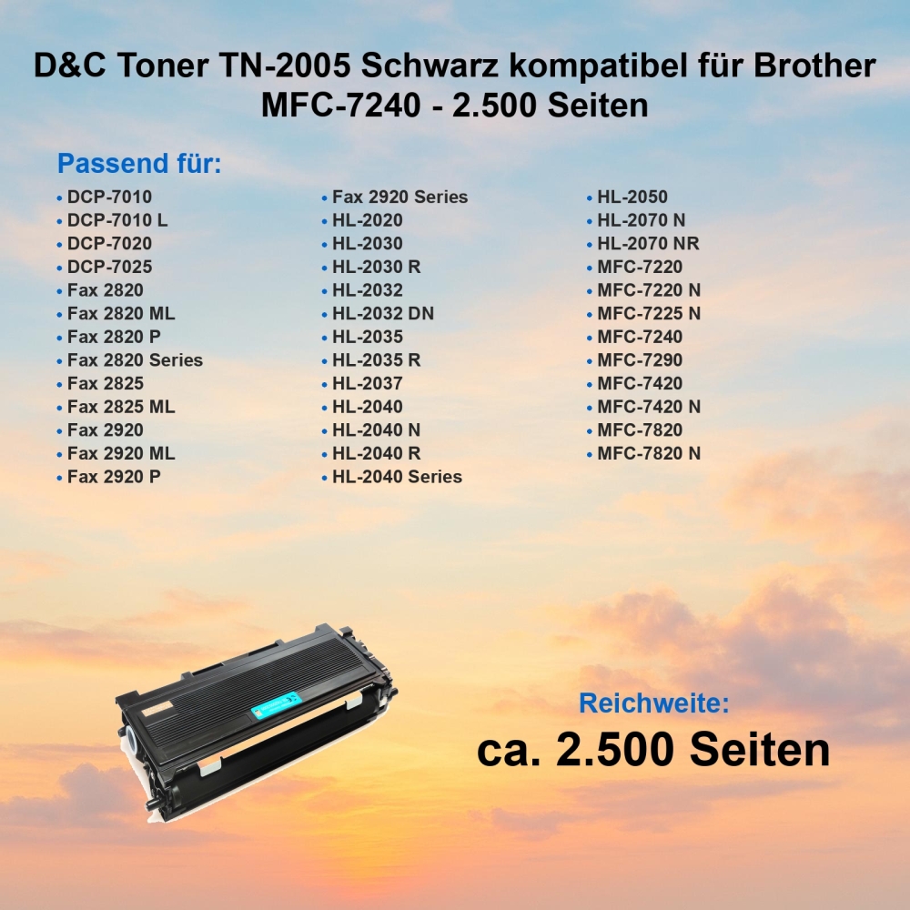 D&C XL Toner TN-2005 Schwarz kompatibel für Brother MFC-7240 - 2.500 Seiten