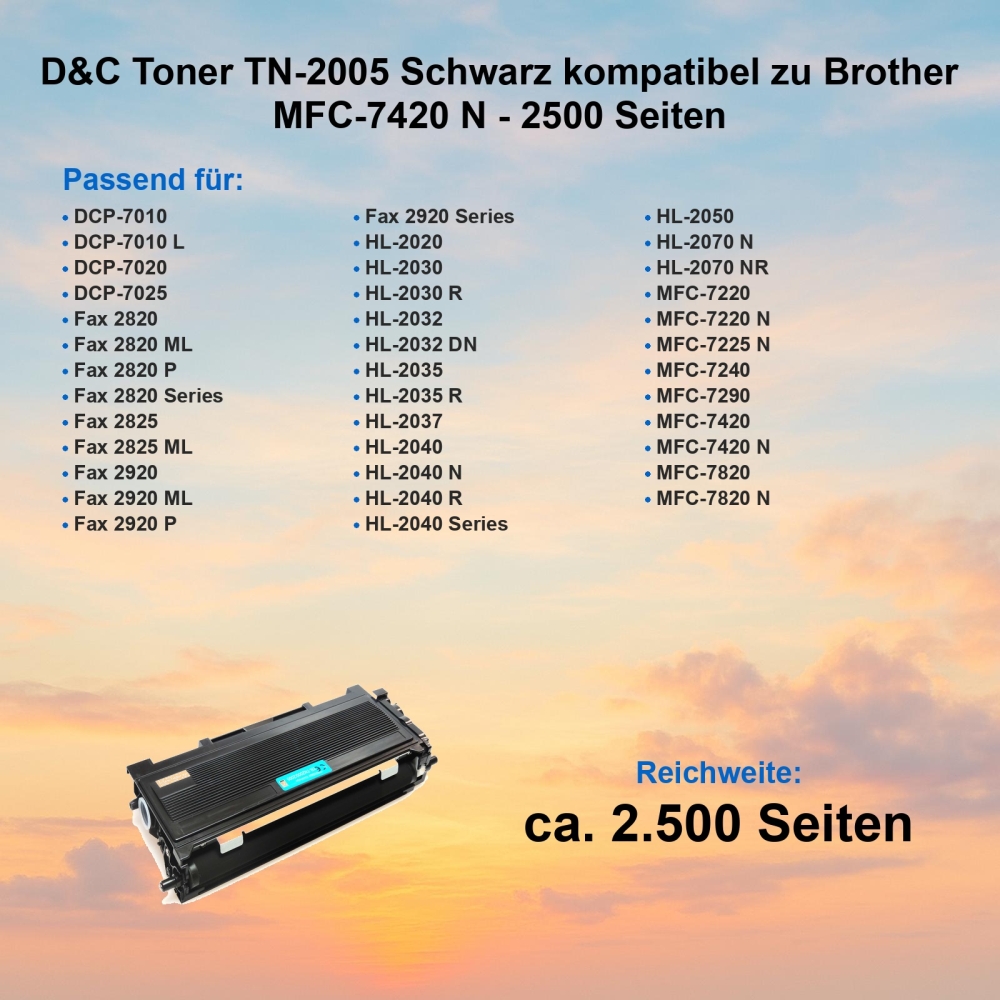 D&C XL Toner TN-2005 Schwarz kompatibel zu Brother MFC-7420 N - 2500 Seiten