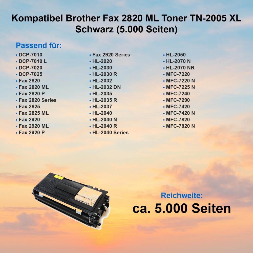 Kompatibel Brother Fax 2820 ML Toner TN-2005 XXL Schwarz (5.000 Seiten)
