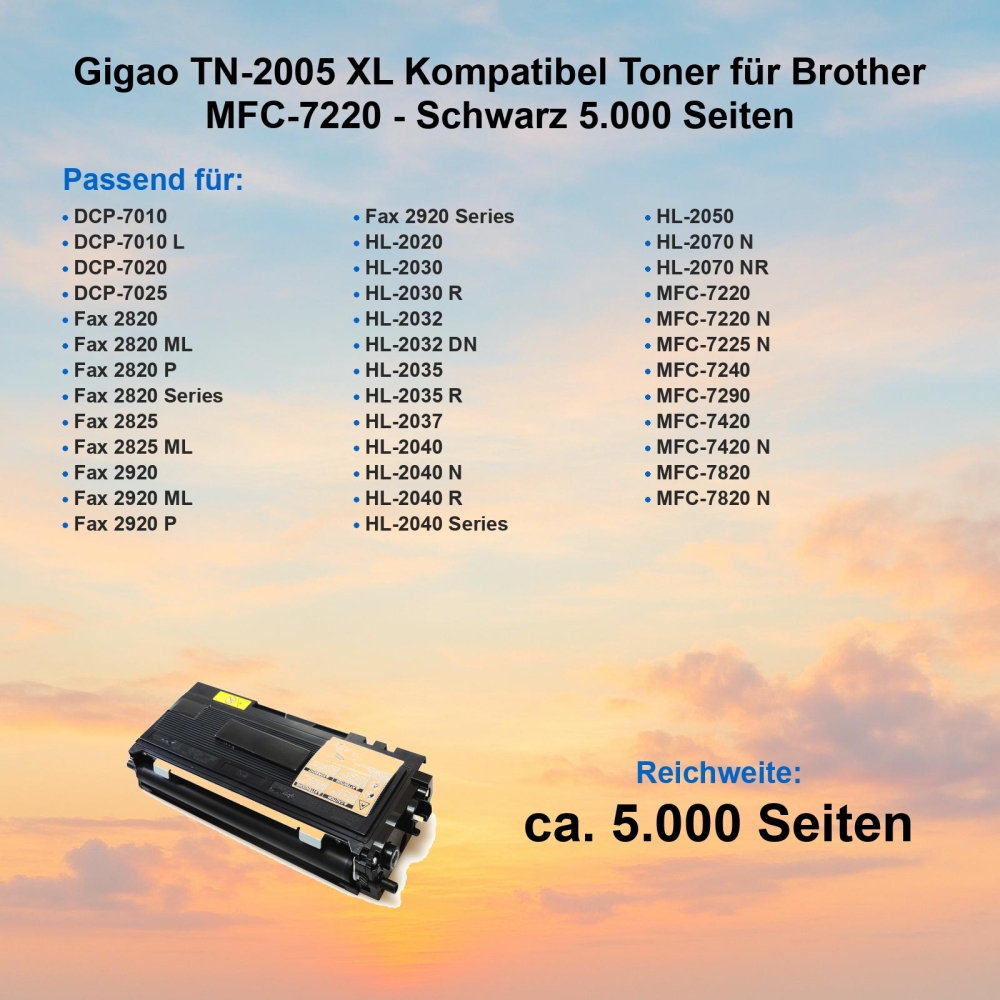 Gigao TN-2005 XXL Kompatibel Toner für Brother MFC-7220 - Schwarz 5.000 Seiten