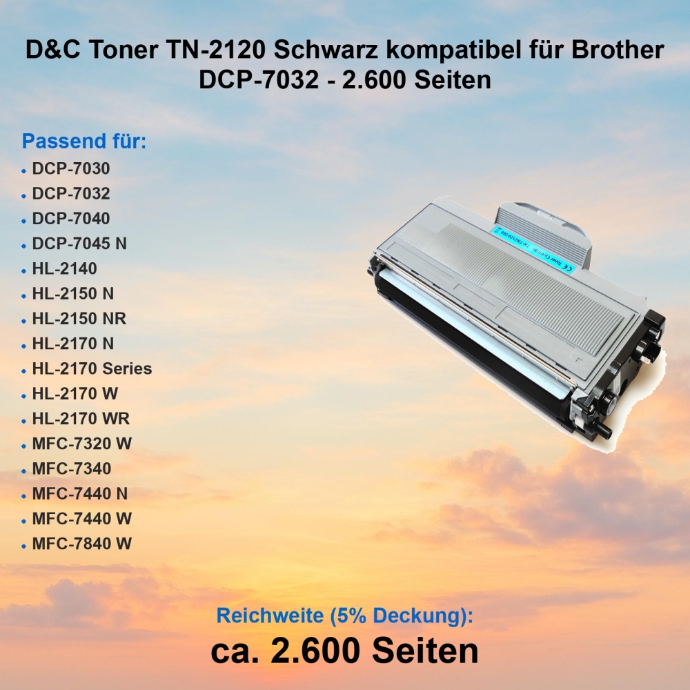 D&C Toner TN-2120 Schwarz kompatibel für Brother DCP-7032 - 2.600 Seiten